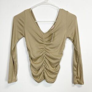Poof Girl Shirt Size Small Tan Ribbed Ruched Long Sleeve Tee NWT NEW